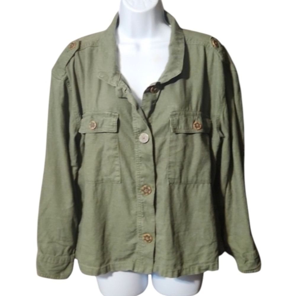 Time & Tru Green Casual Jacket Button Up Top